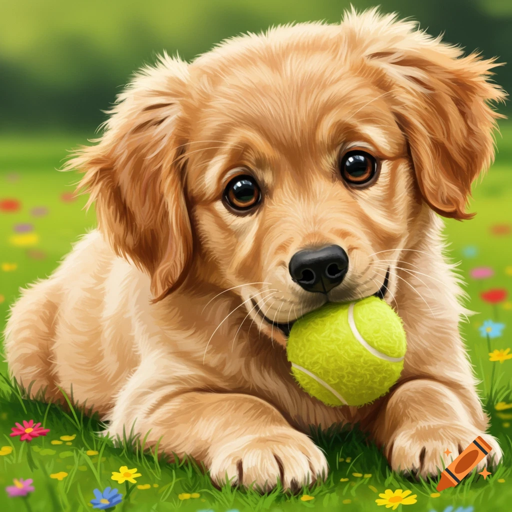 A golden retriever puppy holds a tennis ball in its mouth while lying in a field of flowers and grass.