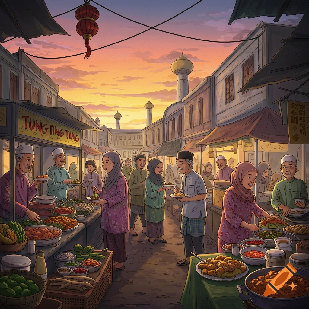 A vibrant market street at sunset, with people buying food from stalls.