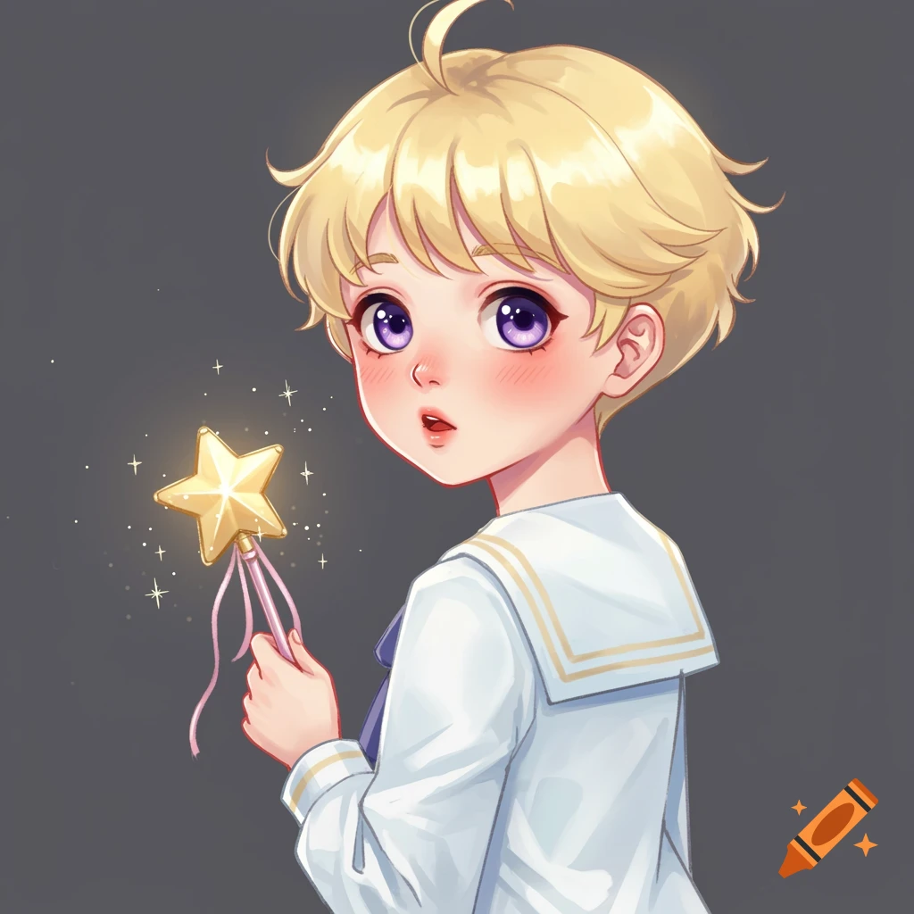 Illustration of a boy in a sailor suit holding a sparkling star wand.