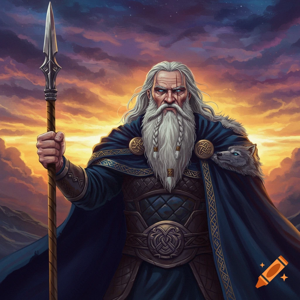 Odin holding a spear, wearing a cape with a wolf head, against a sunset sky.
