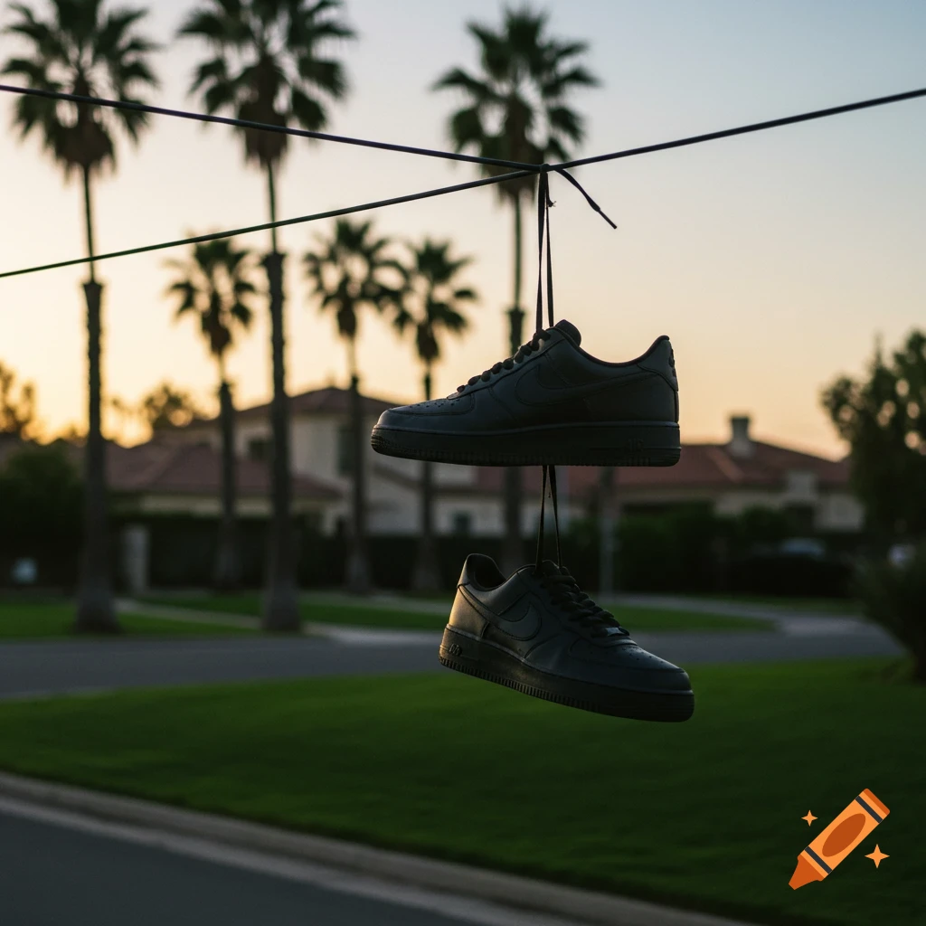 Black Nike Air Force 1 shoes hanging from a wire with palm trees and houses in the background at sunset.