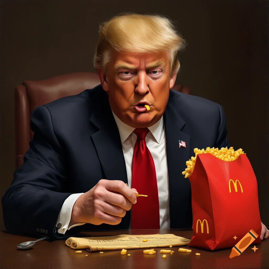 Donald Trump eating fries from a McDonald's bag with a scroll on the table.