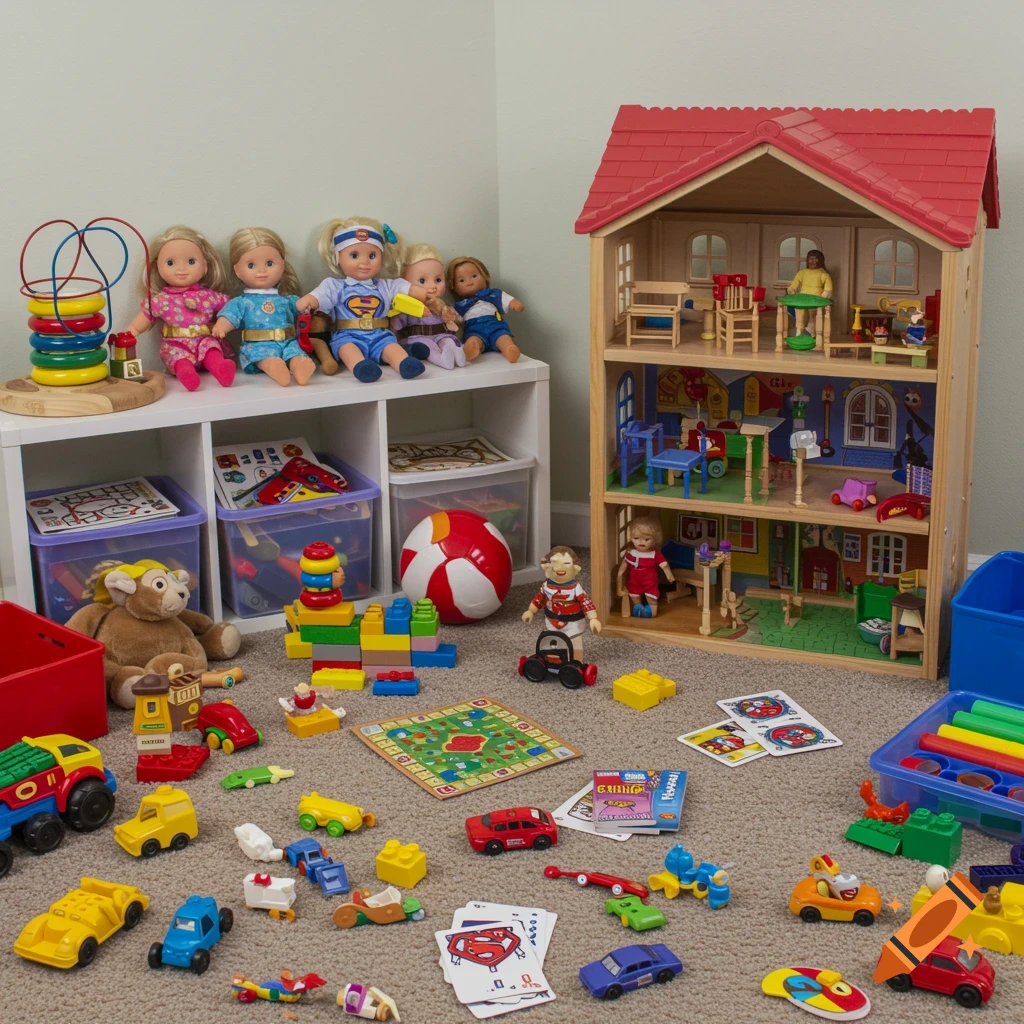 A cluttered playroom with a dollhouse, dolls on a shelf, blocks, cars, board games, and other toys scattered on the floor.