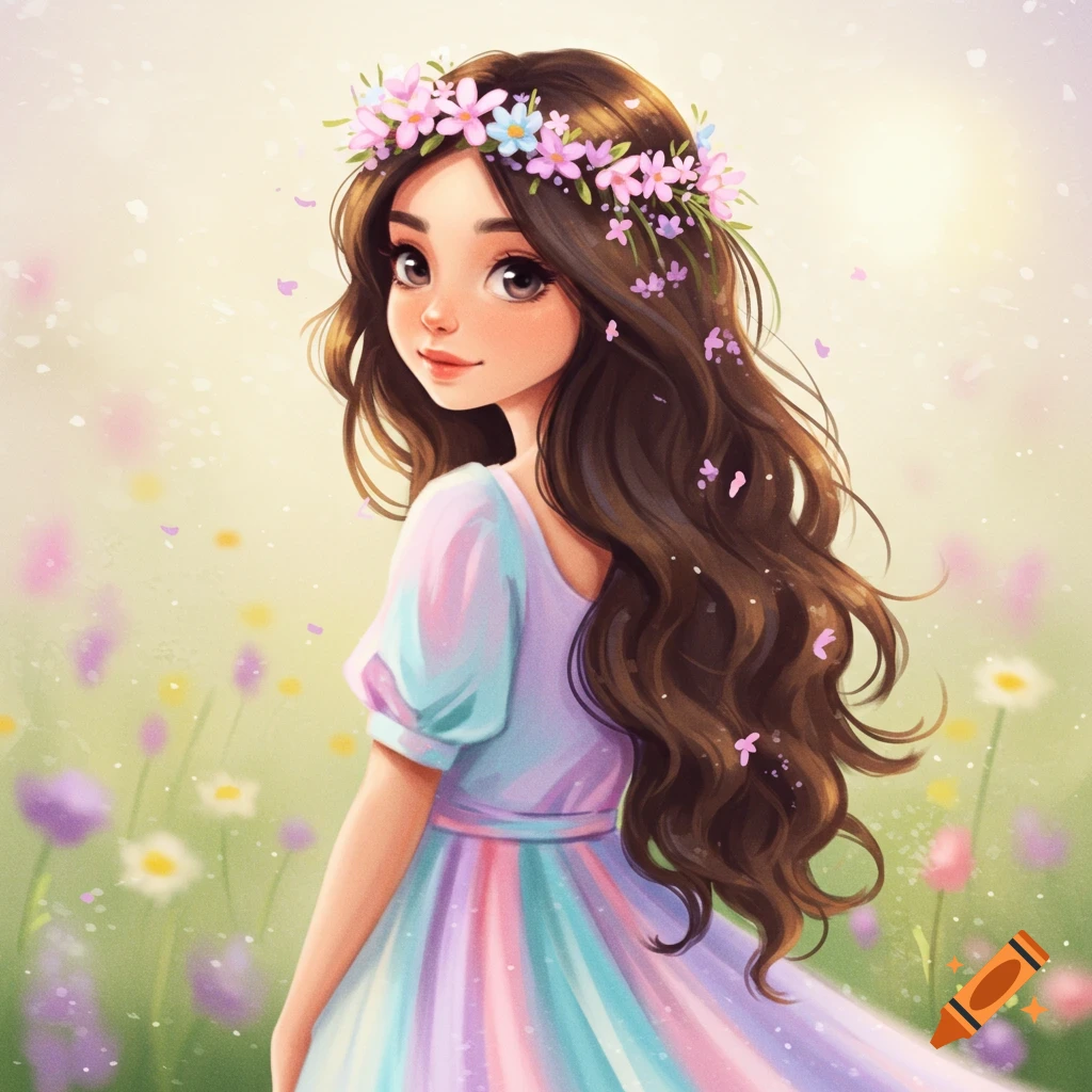 A girl with long brown hair and a flower crown standing in a field of flowers.