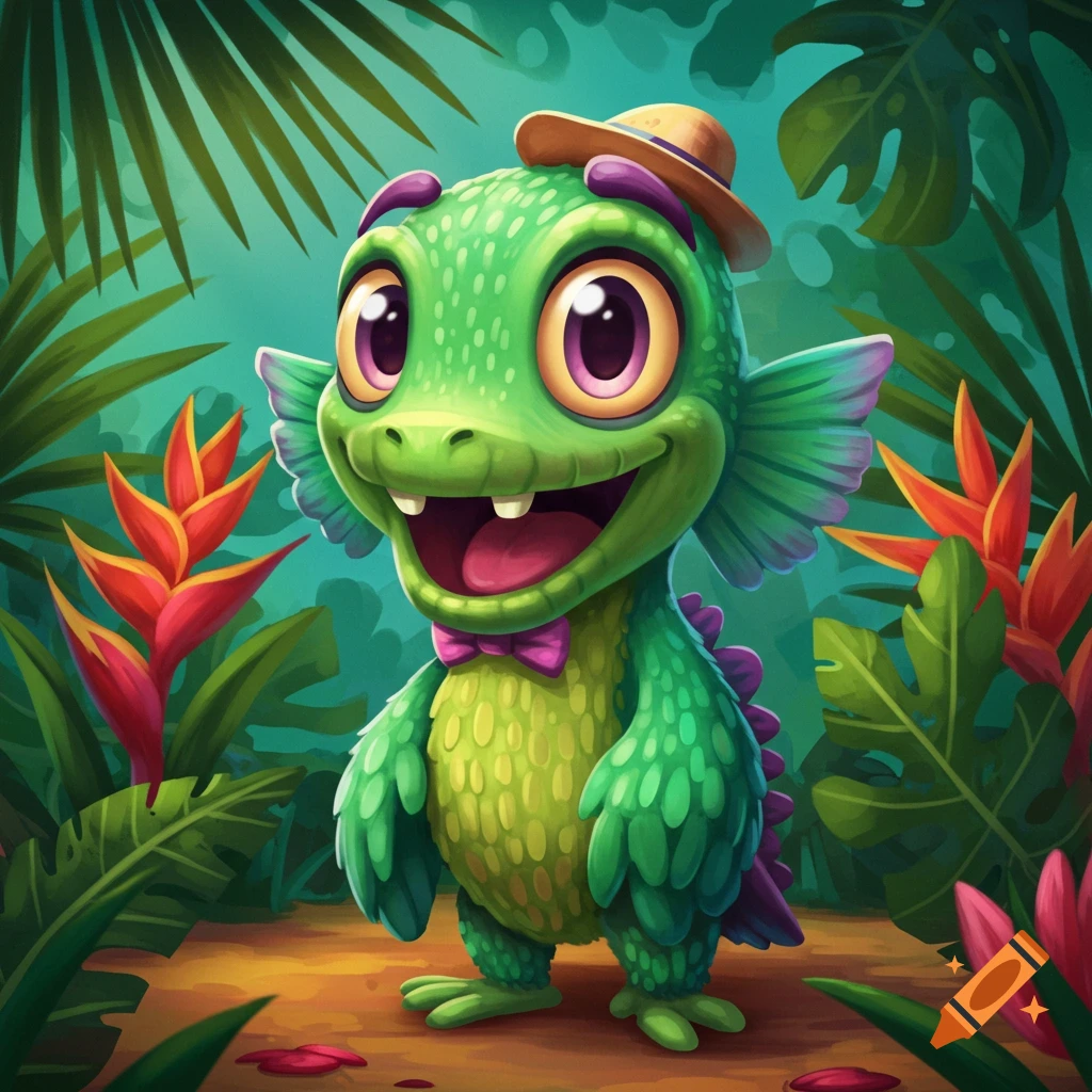 A cute green cartoon monster with big eyes, a hat, and a bowtie stands in a jungle setting.