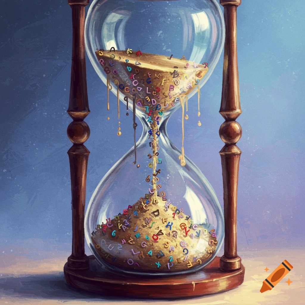 An hourglass with colorful letters and numbers falling like sand.