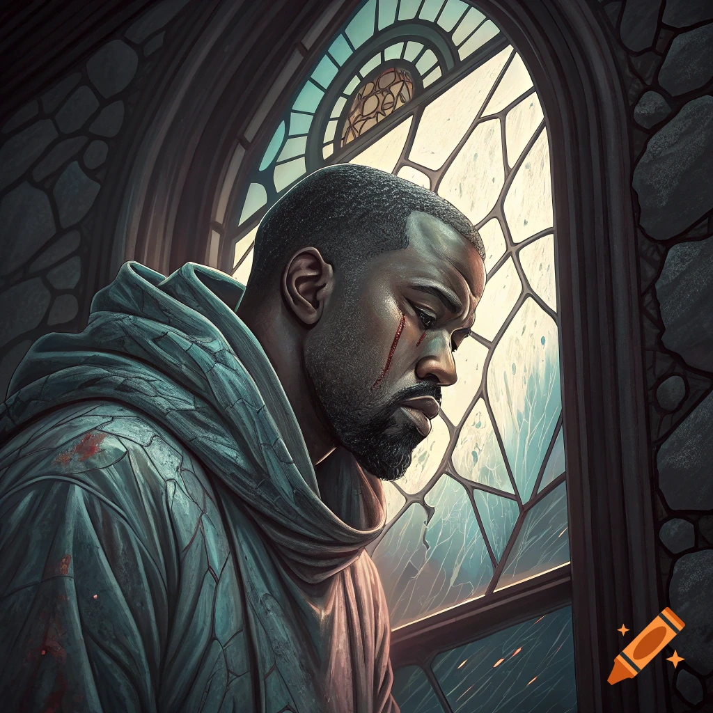 Portrait of an injured man in a hooded garment looking out a stained glass window in a gothic building.