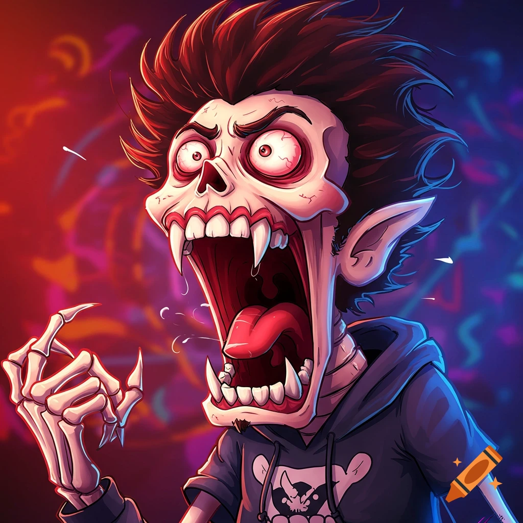 A screaming cartoon skeleton monster with red hair and large fangs wears a hoodie.