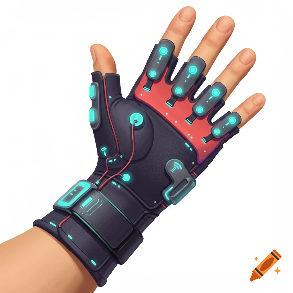 Hand wearing a futuristic black and red glove with glowing blue tech components, digital art