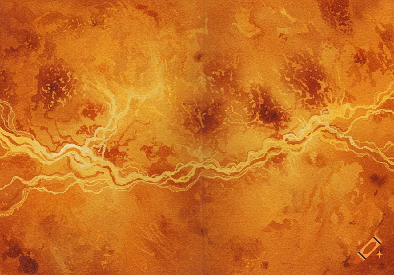 Watercolor drawing of a planet surface with swirling orange and yellow textures and wavy lines.