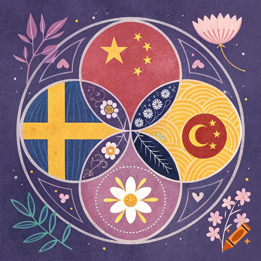 A circular mandala-like design featuring sections with national flags (Sweden, China, Turkey?) and floral patterns on a purple background in an abstract art style.