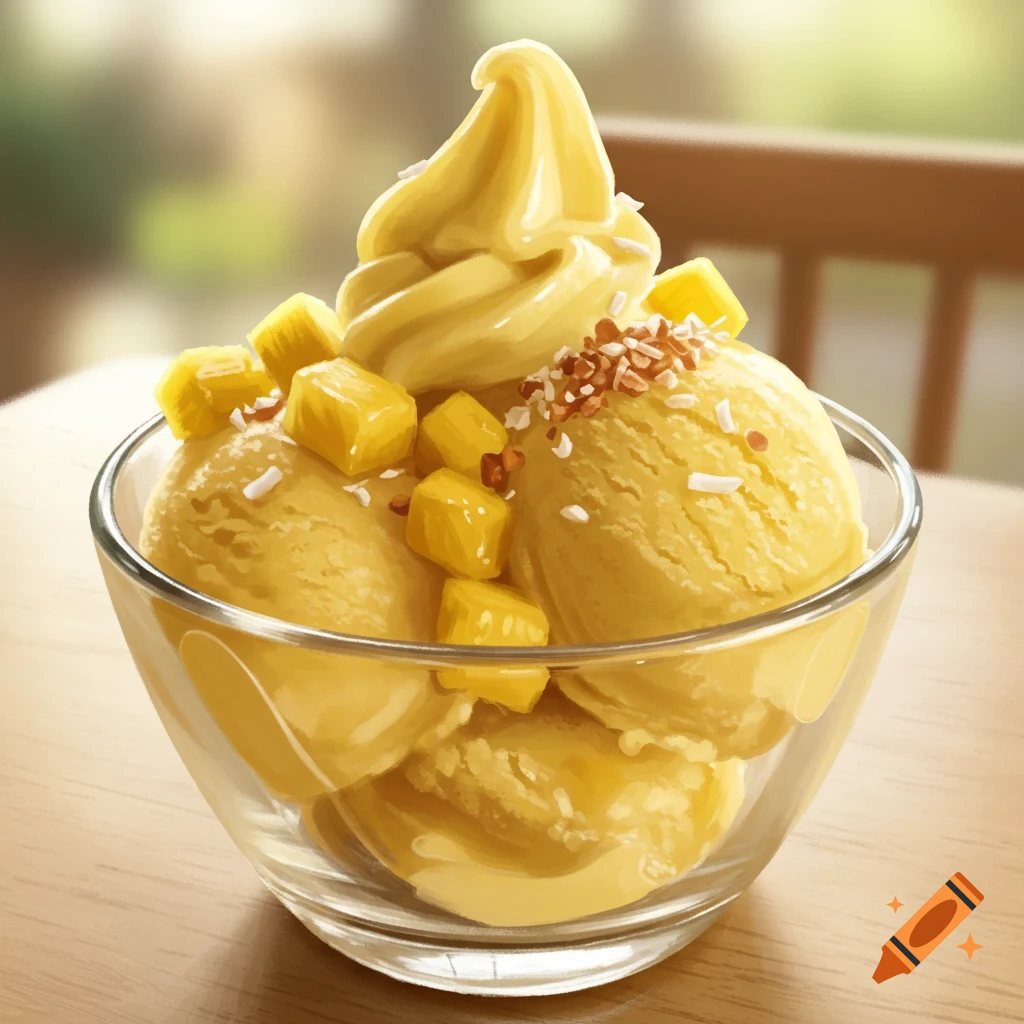 A bowl of yellow ice cream or frozen yogurt topped with diced fruit and sprinkles.