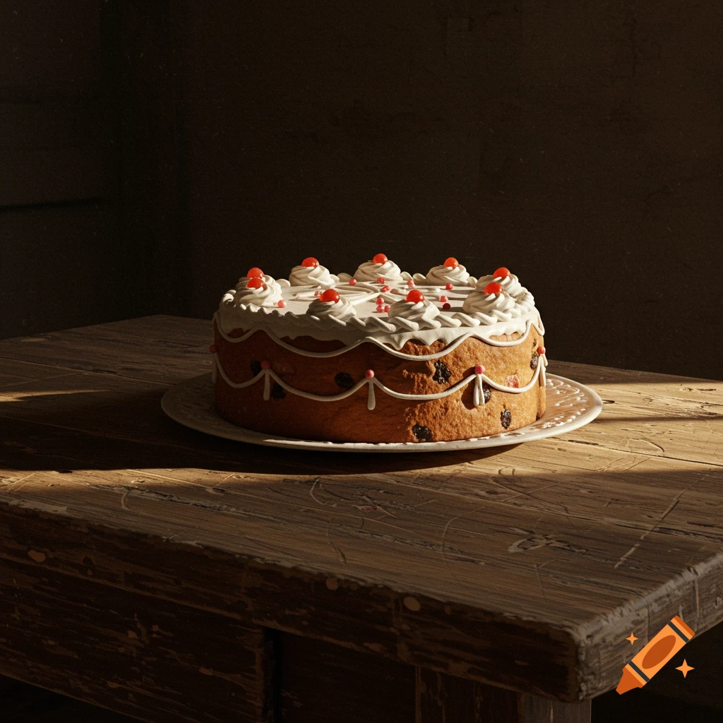 An 1800s style cake on a scarred wooden tabletop.
