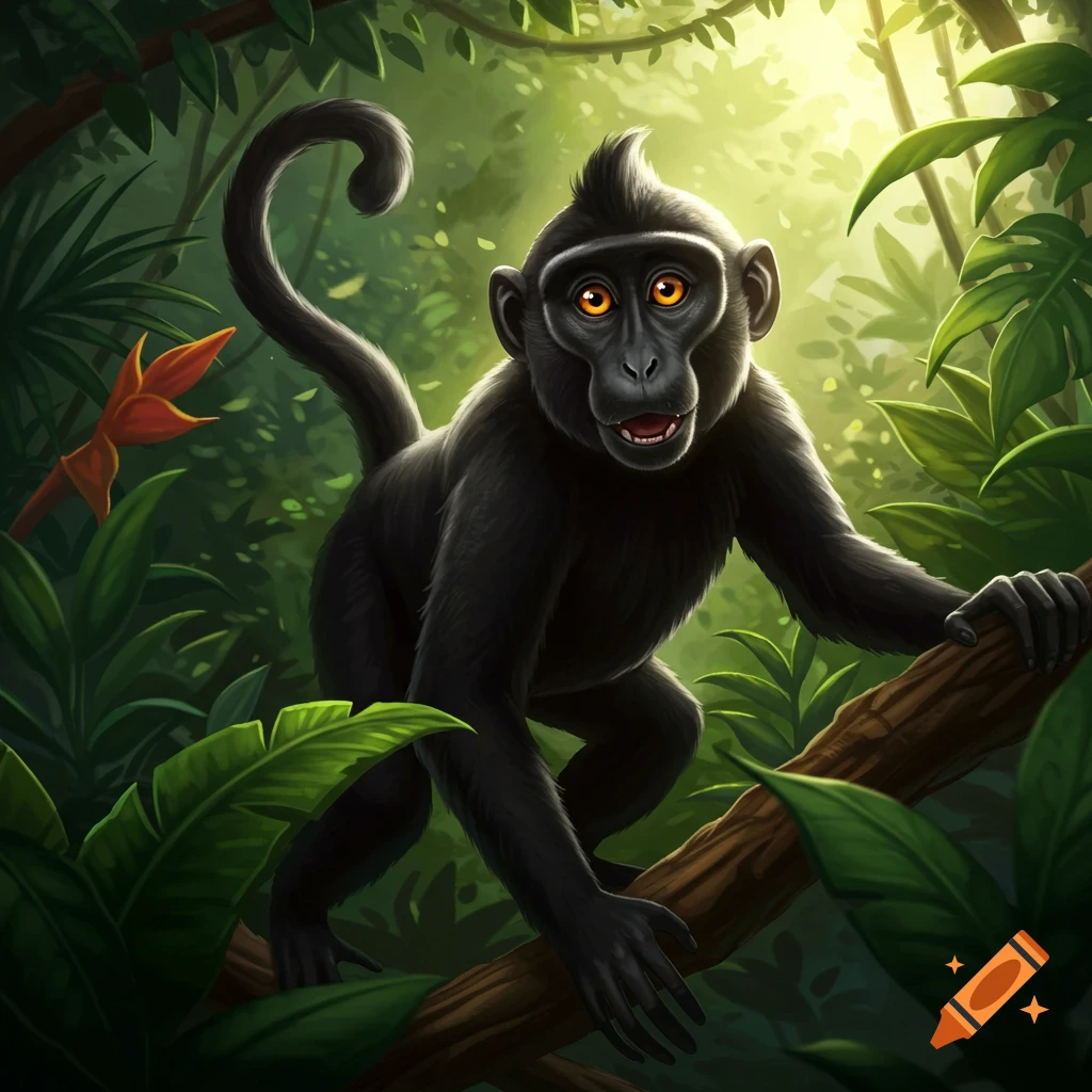 A black monkey sitting on a tree branch in a lush green jungle.