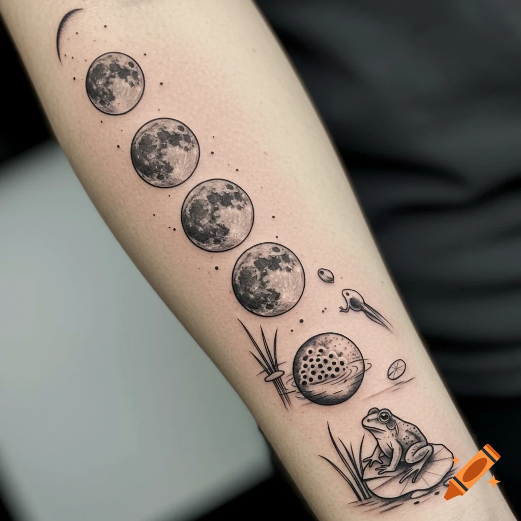 Black and gray tattoo on an arm showing moon phases and a frog's life cycle.