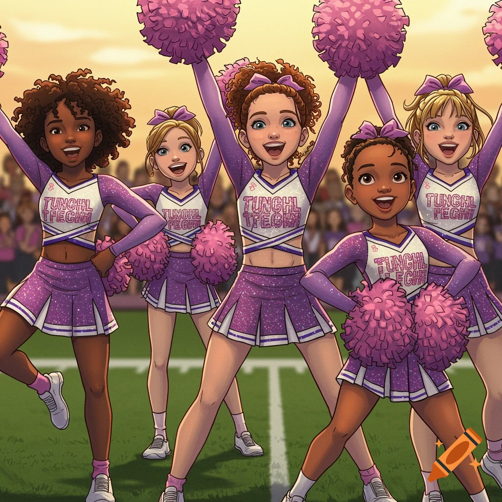 Diverse young cheerleaders in purple uniforms pose on a sports field.