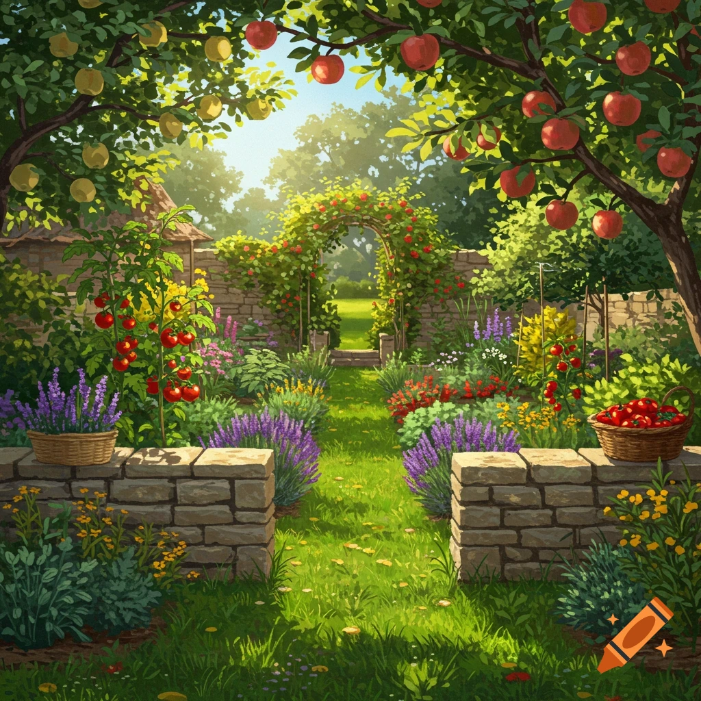 A vibrant image of a lush garden path lined with flowers, vegetables, and fruit trees.