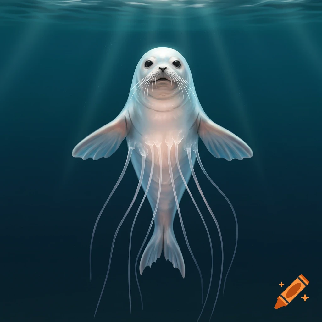 A mythical creature, a fusion of a seal and a jellyfish, floats underwater with light rays shining down.