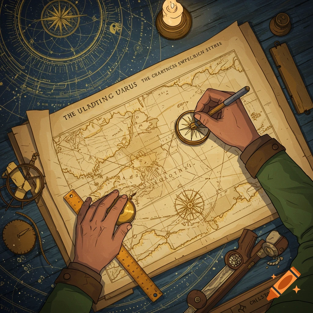Hands using a compass and ruler to chart a map on a table with navigational tools and a candle.