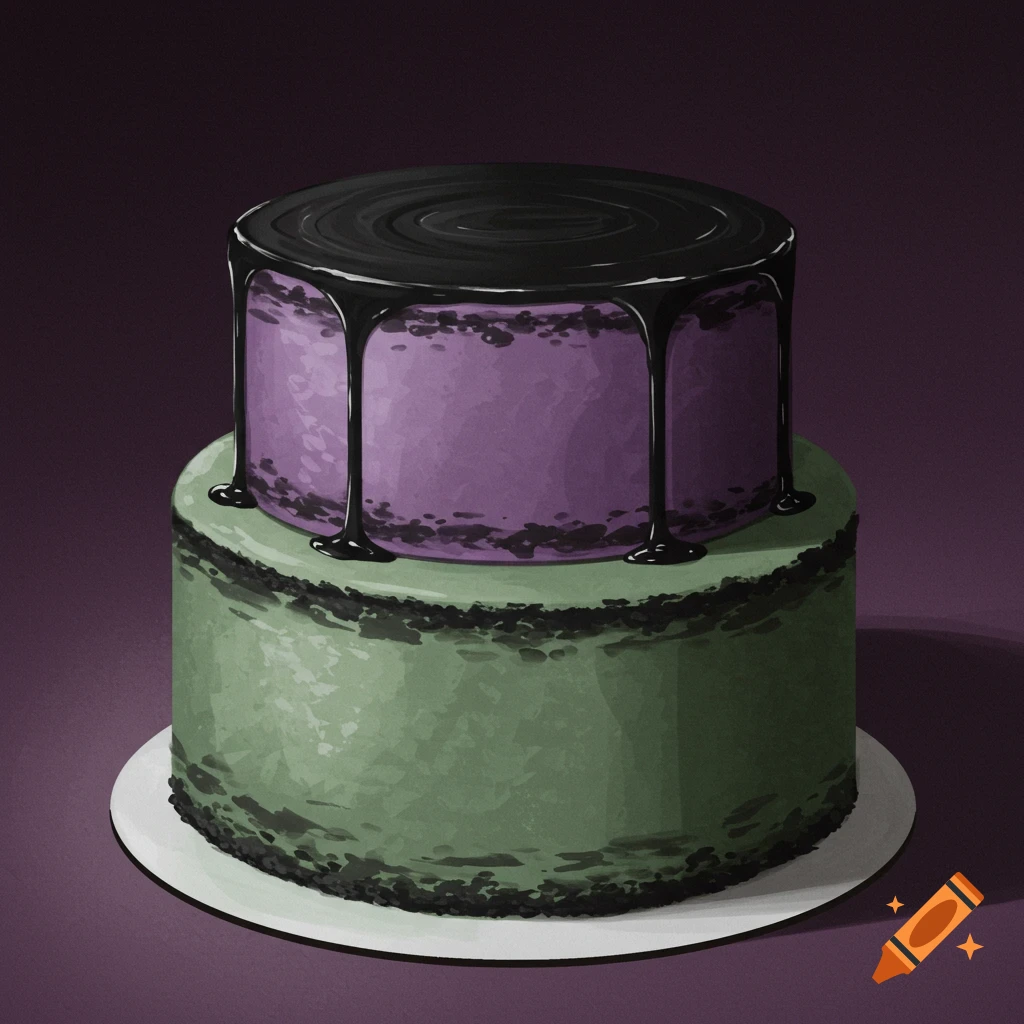 A two-layer cake with dusty purple and sage green frosting, rimmed with black frosting and topped with black chocolate drip.