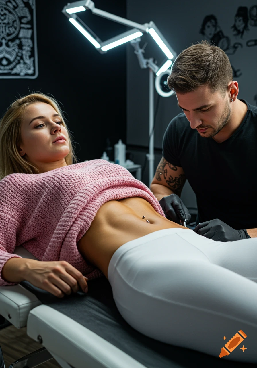 A woman lies on a table in a studio, getting her belly button pierced by a man.
