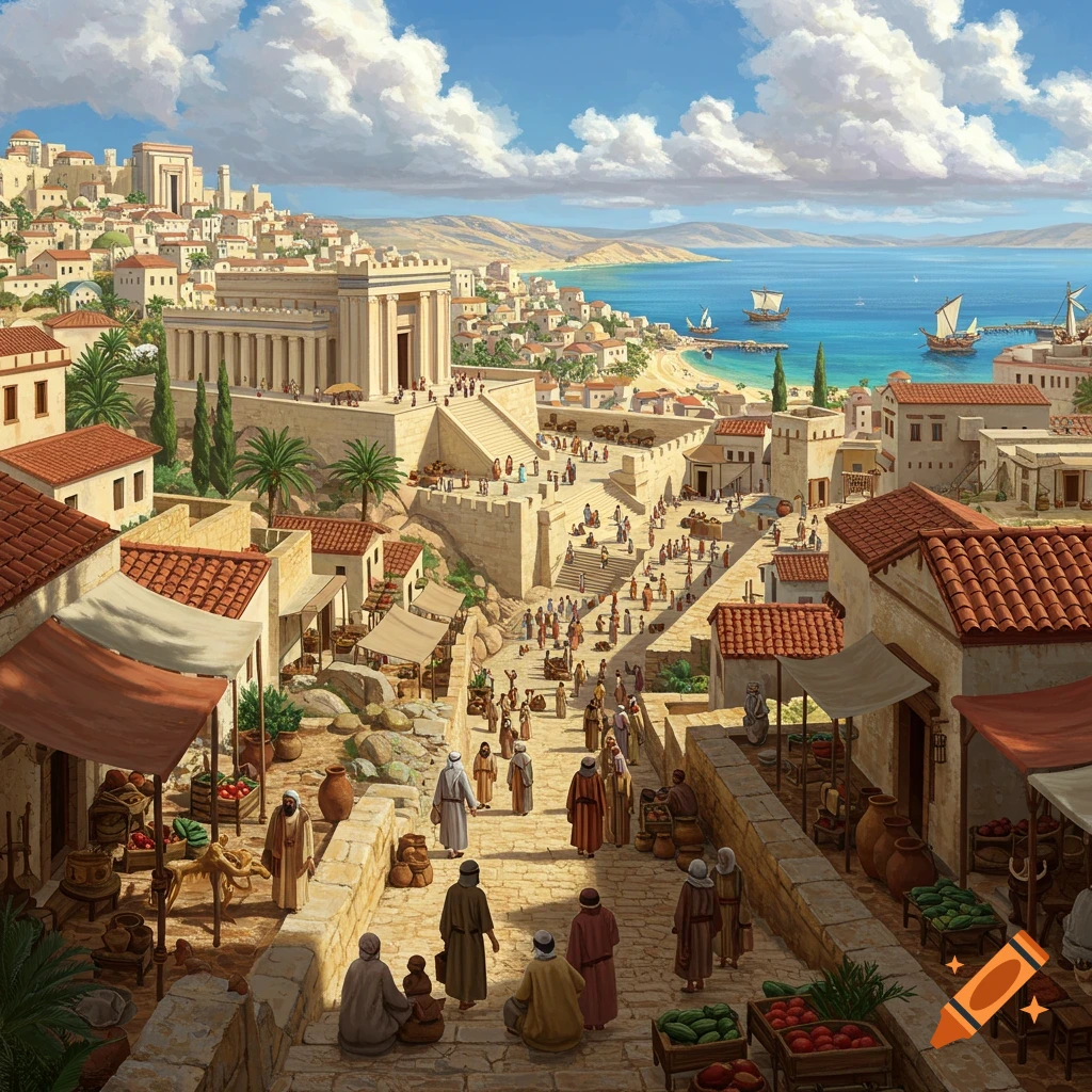 A busy ancient city on the coast with a large temple, market streets, people, and ships.