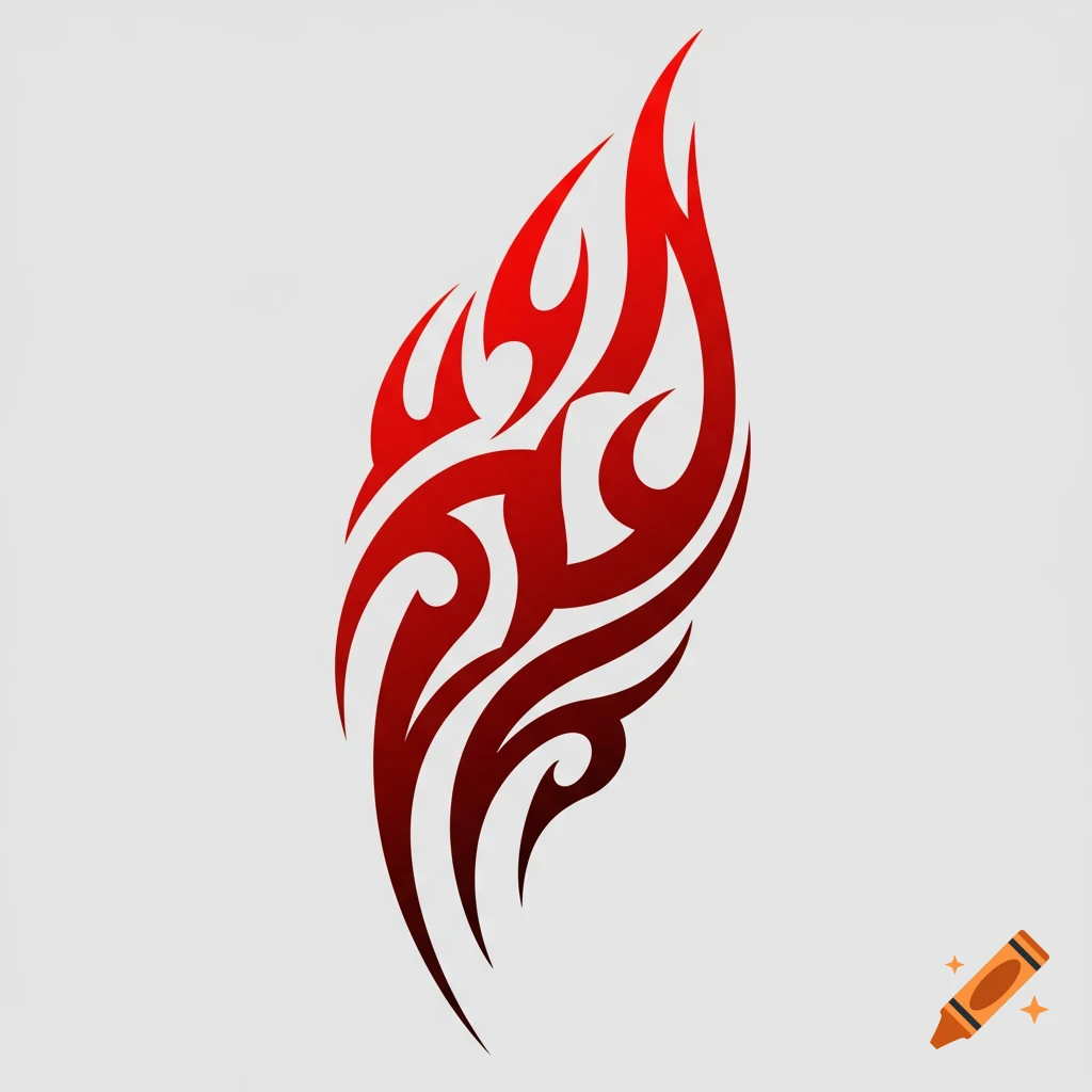 A red and black tribal flame tattoo design on a grey background.
