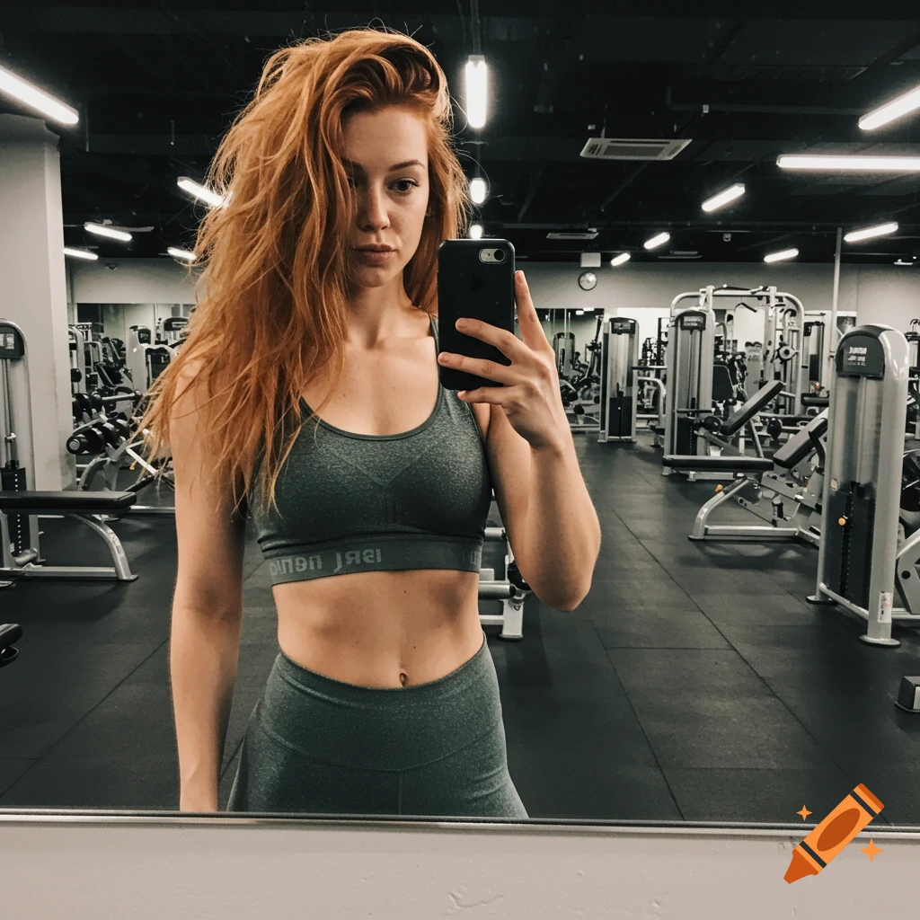 Redhead woman in a sports bra takes a mirror selfie in a gym.