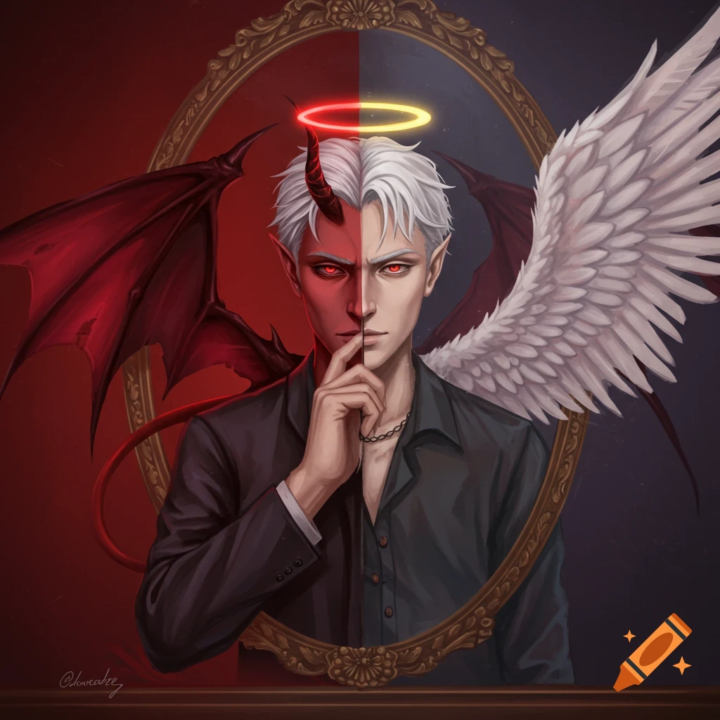 A man with a split reflection, half demon with red skin and horns, half angel with white wings and halo, looking into a mirror.