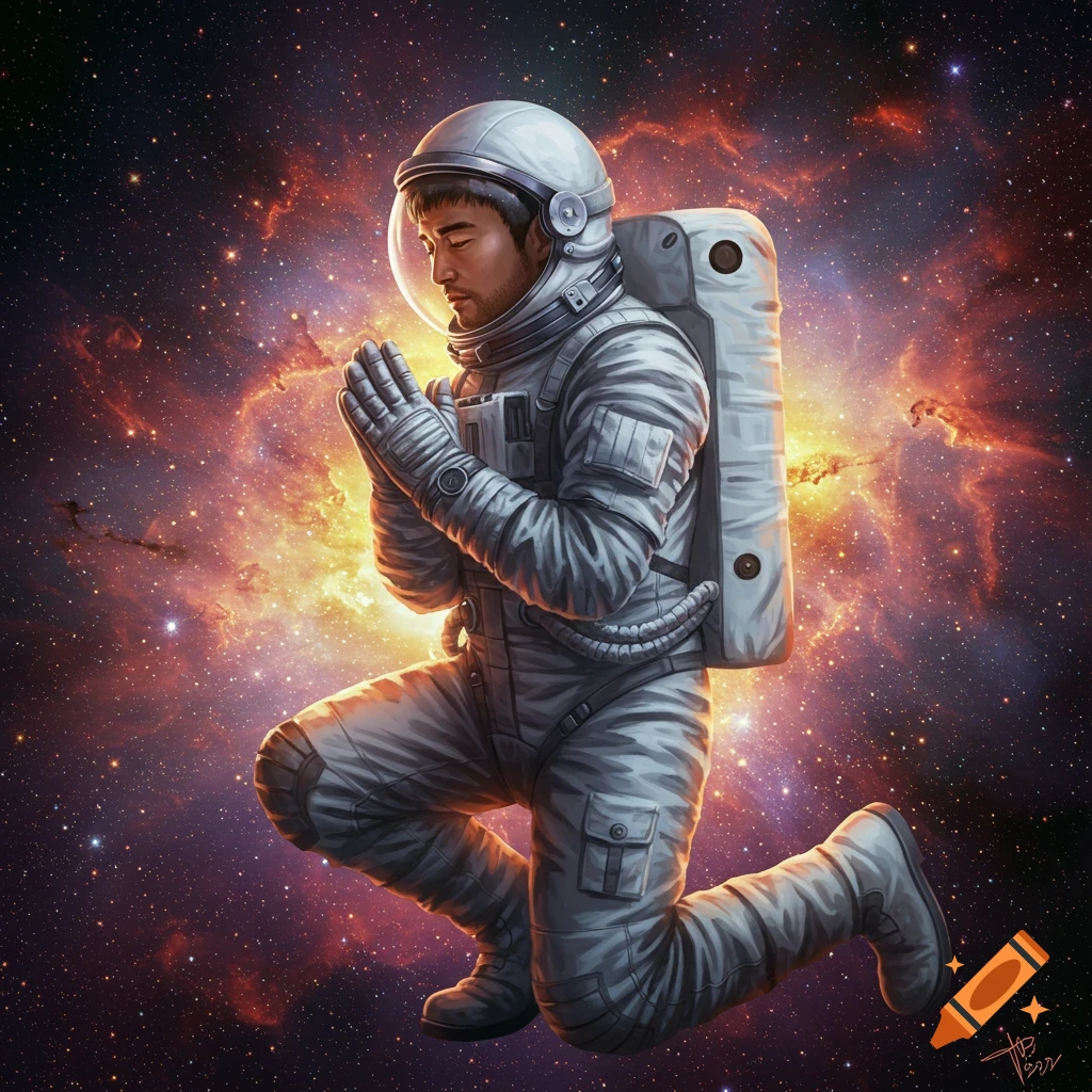 An astronaut kneels in a white suit, praying in space with a bright nebula and stars behind them.