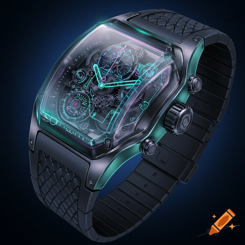 A futuristic watch with a translucent case showing intricate gears and neon highlights.