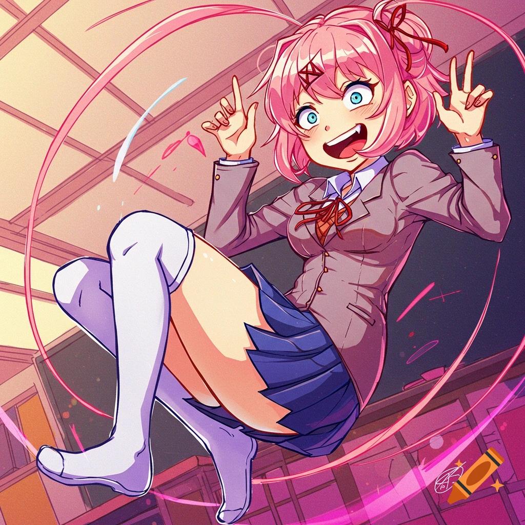 Anime girl in school uniform leaping in a classroom with an excited expression.