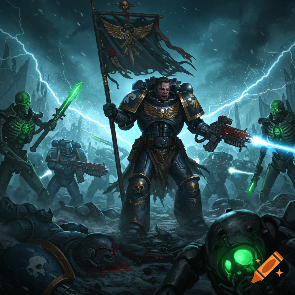 Space Marine leader holds banner against Necrons in grimdark battle scene.