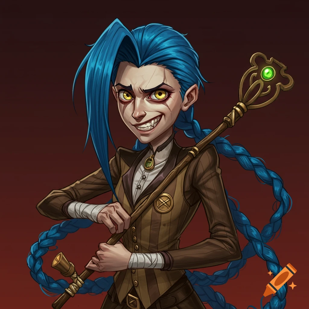 Stylized illustration of Jinx from Arcane with blue braids, yellow eyes, brown suit, holding a staff.