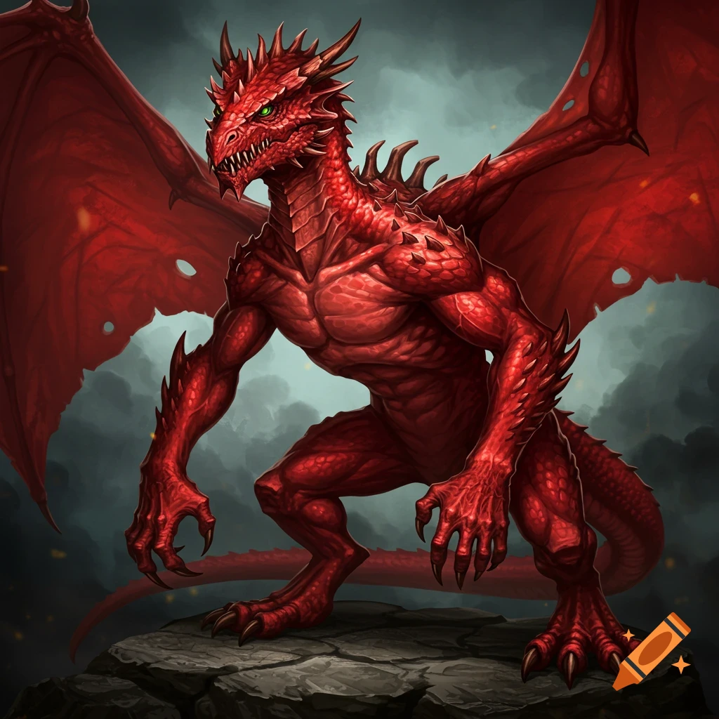 A fearsome red dragon with large wings stands on a rock.