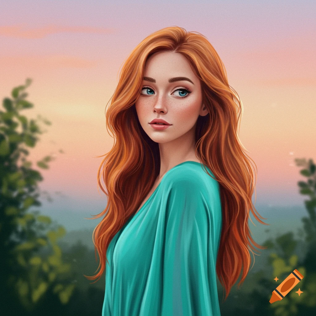 A woman with long red hair looks over her shoulder.
