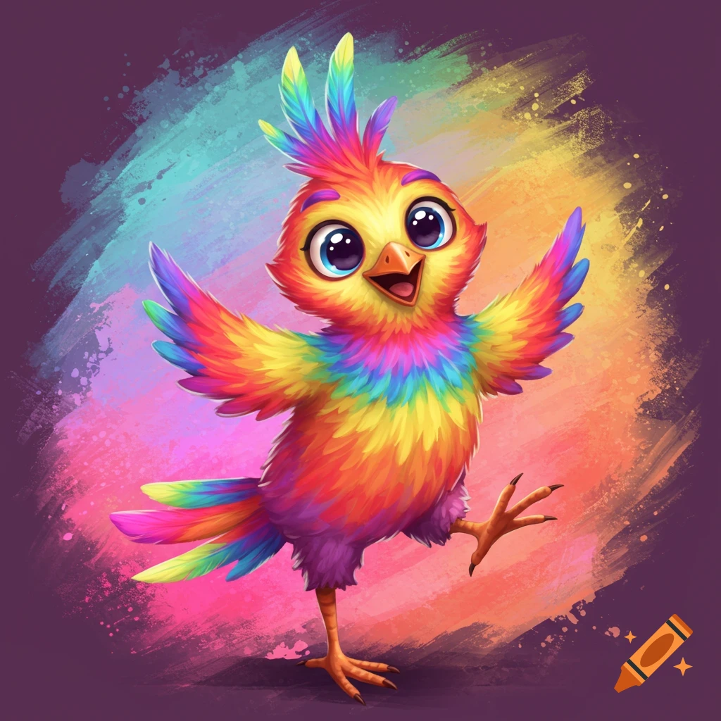 A vibrant, cartoonish rainbow-colored bird dances with outstretched wings, painted digitally.