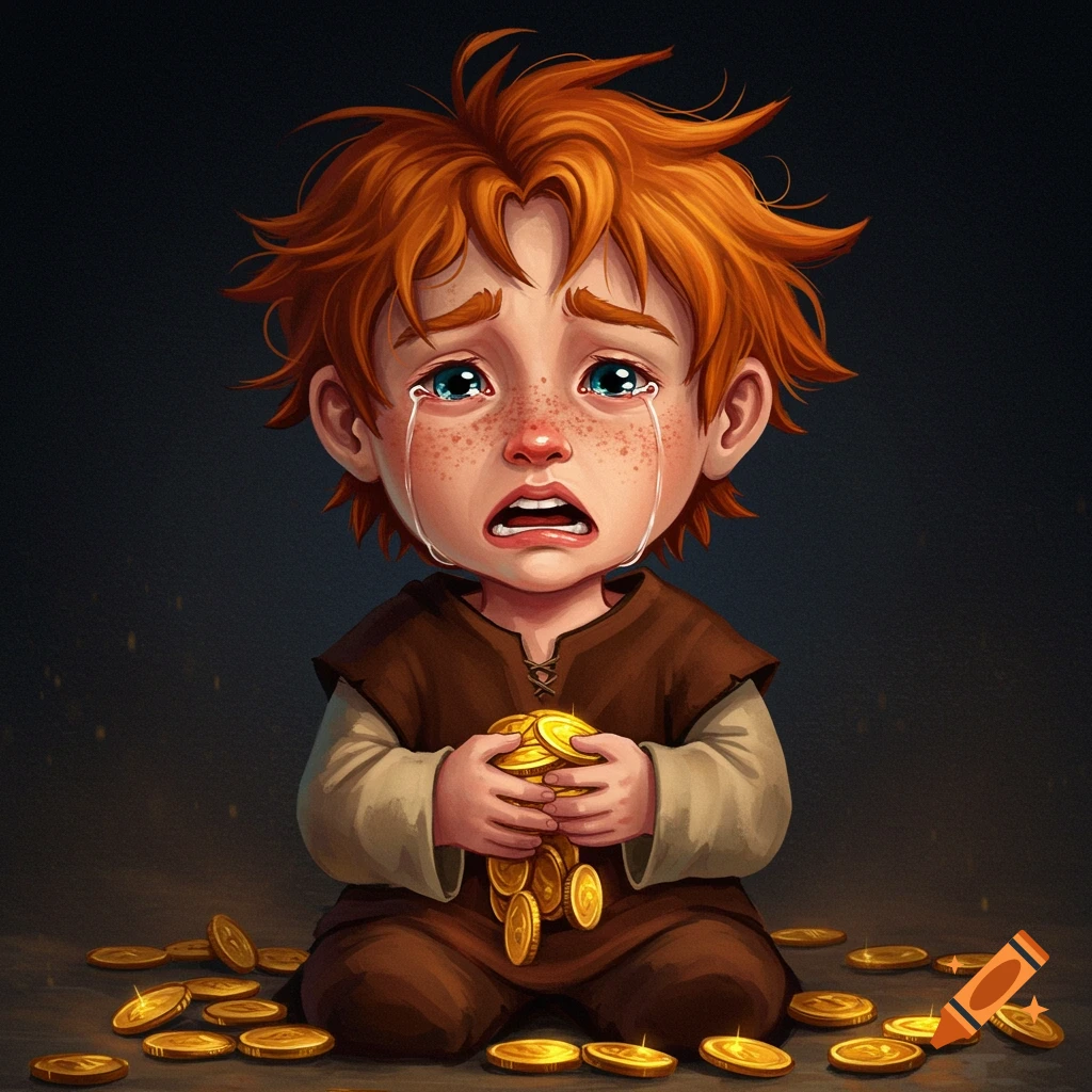 A boy with red hair and freckles is crying while clutching gold coins.