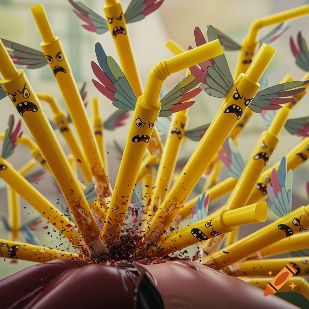 Many angry yellow drinking straws with colorful wings attacking something.
