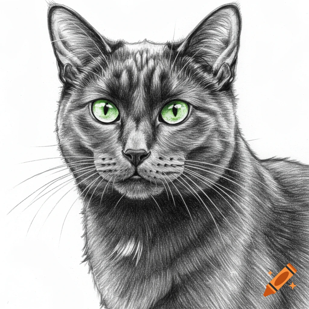 Detailed pencil sketch of a cat with bright green eyes.