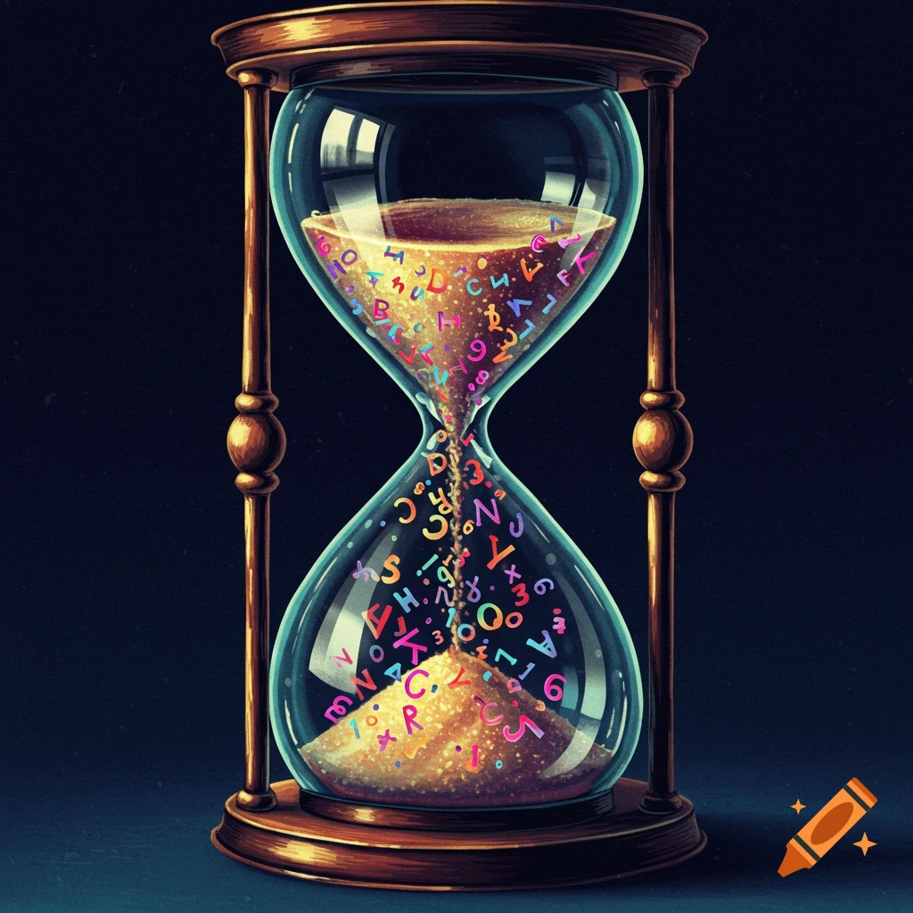 An hourglass filled with colorful letters and numbers instead of sand, against a dark background.