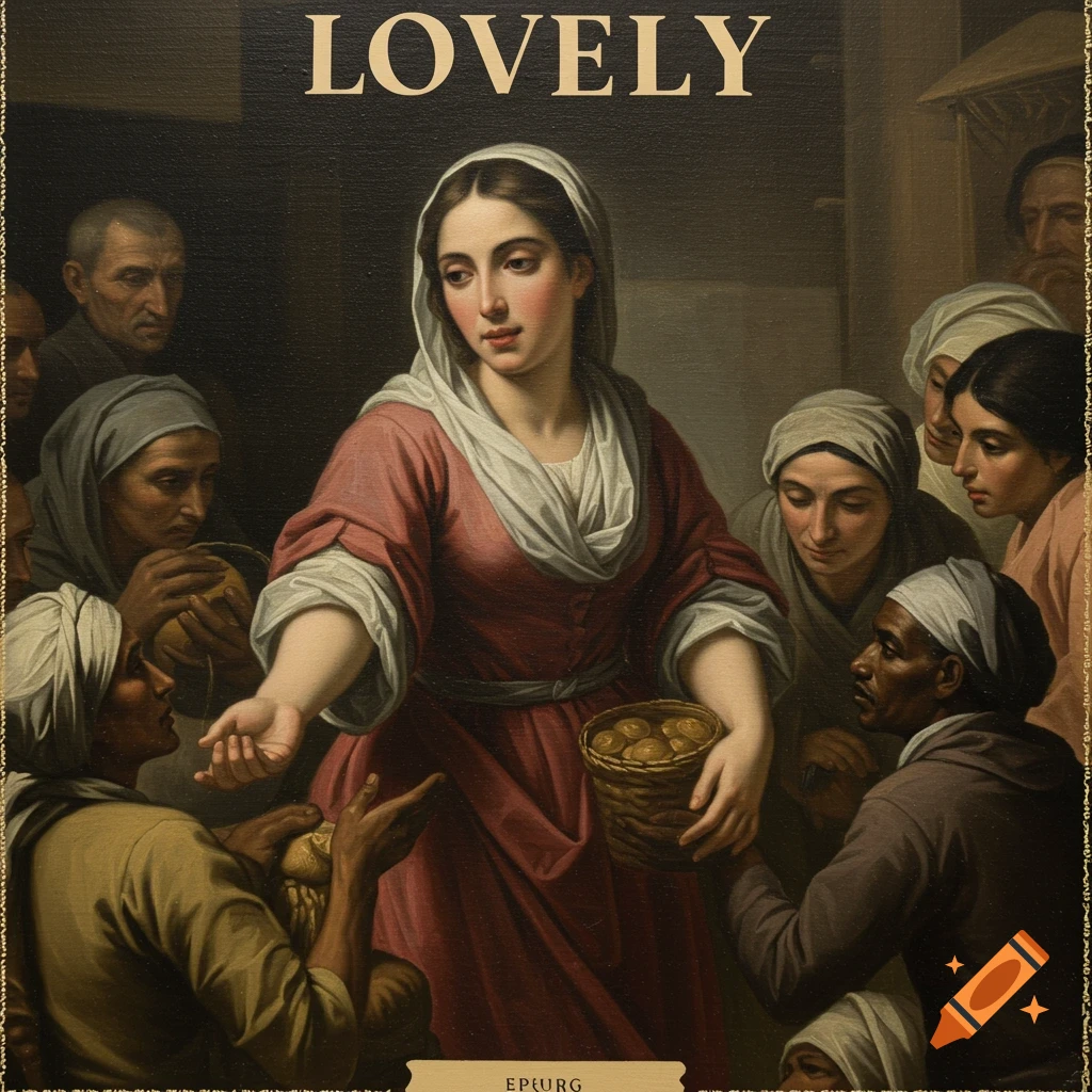 Painting of a woman giving food to people in historical dress with the word LOVELY above her head.