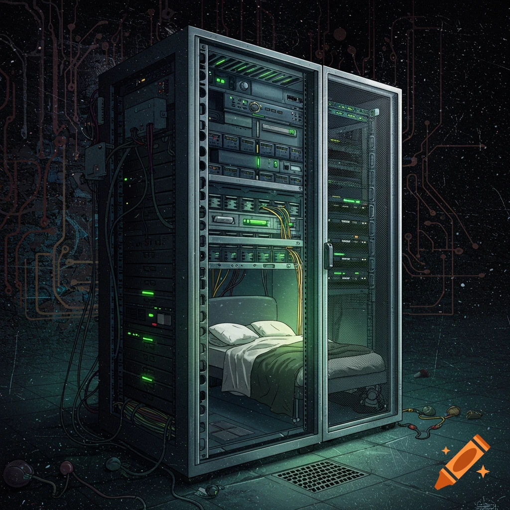 A server rack with a bed inside.