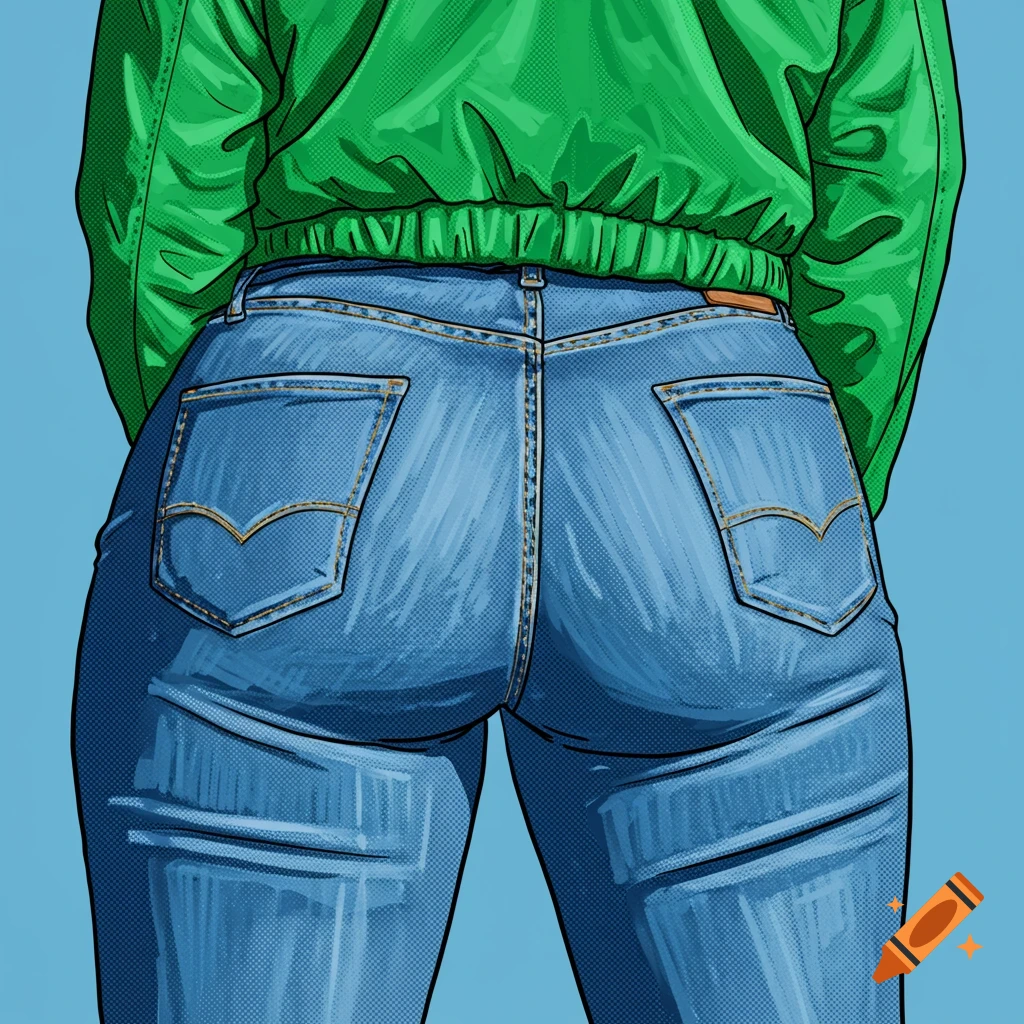 A person viewed from behind is wearing blue jeans and a green jacket.