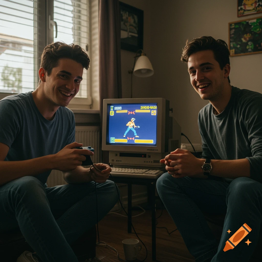Two young men play a retro fighting video game on a CRT monitor in a room, smiling.