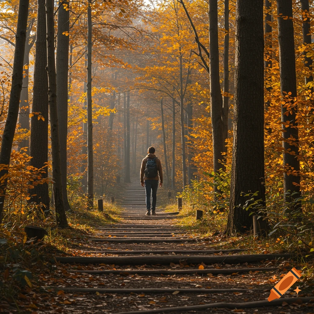 A person with a backpack walks up a path through an autumn forest.
