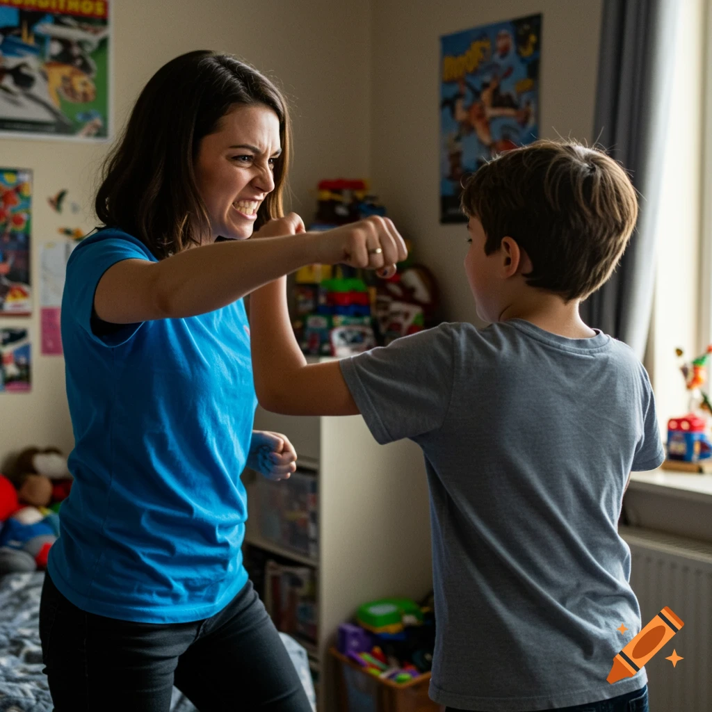 A woman and a boy playfully punch each other in a bedroom.
