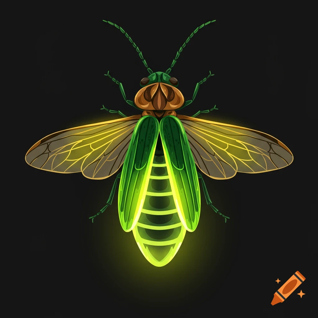 A vector graphic illustration of a glowing firefly on a dark background.