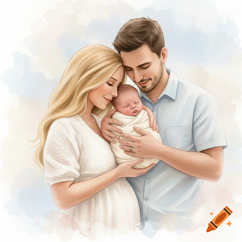 Watercolor painting of parents lovingly holding their newborn baby.