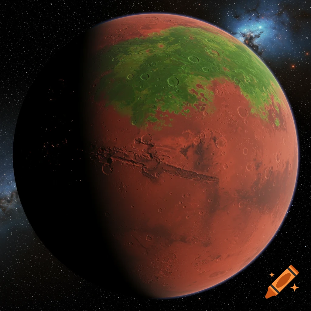 A red planet with green areas shown in space against stars